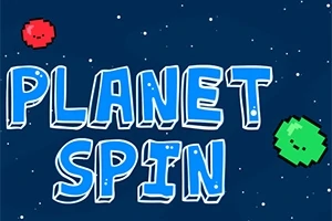 파란 배경에 PLANET SPIN 텍스트와 주변에 빨간색과 초록색 픽셀화된 행성이 있는 이미지