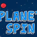파란 배경에 PLANET SPIN 텍스트와 주변에 빨간색과 초록색 픽셀화된 행성이 있는 이미지