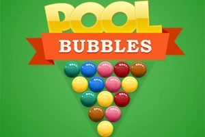 초록색 배경에 삼각형 모양으로 정렬된 다양한 색상의 공들 아래 POOL BUBBLES라는 텍스트가 있습니다