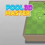 초록색 체크 무늬의 작은 당구대 위에 당구 큐와 공 두 개가 있으며, 왼쪽 위에 POOL 3D MASTER라는 텍스트가 있다