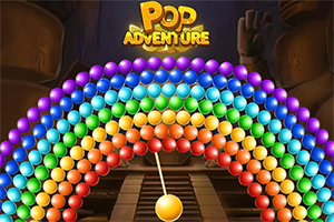 무지개색 구슬 아치와 중앙의 노란 구슬, 상단의 ‘POP ADVENTURE’ 로고가 있는 화면
