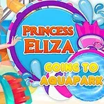 애니메이션 캐릭터가 물놀이 공원 배경 앞에 서 있으며 PRINCESS ELIZA와 GOING TO AQUAPARK라는 텍스트가 표시되어 있습니다