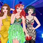 화려한 드레스를 입은 네 명의 애니메이션 캐릭터가 파티 배경 앞에 서 있다