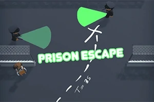 2명의 경비원이 초록색 손전등을 들고 감시하는 어두운 공간에서 PRISON ESCAPE라는 텍스트가 있는 이미지
