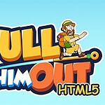 파란색 배경에 모험가가 장대를 당기려고 하는 모습과 PULL HIM OUT HTML5라는 글자가 적힌 이미지