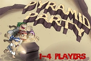 모래 위에서 네 명의 캐릭터가 열린 상자 앞에 서 있으며, 상단에는 PYRAMID PARTY라는 글자가 쓰여 있다