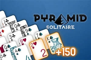 카드들이 피라미드 형태로 배열되어 있고, PYRAMID SOLITAIRE라는 텍스트와 함께 +150 점수가 강조되어 있다