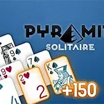 카드들이 피라미드 형태로 배열되어 있고, PYRAMID SOLITAIRE라는 텍스트와 함께 +150 점수가 강조되어 있다