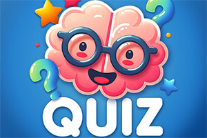 안경을 쓴 분홍색 만화 뇌 캐릭터와 물음표, 별, 큰 ‘QUIZ’ 글자가 있는 파란 배경의 퀴즈 일러스트
