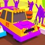 노란색과 보라색 자동차가 파란색 자동차와 경주 중이며 배경에는 응원하는 보라색 인물들이 있습니다
