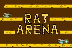 갈색 배경 위에 노란 치즈 블록과 RAT ARENA라는 텍스트가 중앙에 있고, 양쪽 끝에 쥐 그림이 있는 이미지