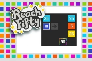 다양한 색상의 숫자 타일이 있는 검정색 배경 중앙에 Reach Fifty 로고와 화살표가 있는 이미지