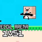픽셀 아트 스타일의 두 캐릭터가 총을 겨누고 있고 중앙에 RECOIL ARENA 1VS1 텍스트가 있는 이미지