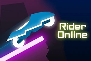 푸른 차량이 빛나는 핑크색 선 위를 빠르게 달리는 모습과 Rider Online이라는 텍스트