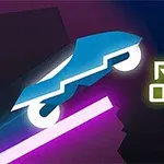 푸른 차량이 빛나는 핑크색 선 위를 빠르게 달리는 모습과 Rider Online이라는 텍스트