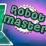 로봇 캐릭터가 초록색 배경에서 달리고 있으며, 오른쪽에는 톱니바퀴와 함께 Robot master라는 글자가 있다