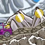 보라색 꽃무늬 차가 울퉁불퉁한 산길을 오르고 있으며, 주변에 동전이 있는 장면