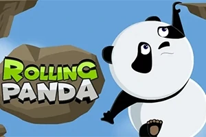 파란 하늘을 배경으로 판다가 바위를 잡고 매달려 있는 모습과 Rolling Panda라는 텍스트
