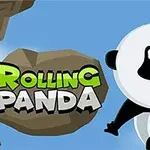 파란 하늘을 배경으로 판다가 바위를 잡고 매달려 있는 모습과 Rolling Panda라는 텍스트