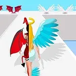 한쪽은 빨간 날개와 뿔, 다른 쪽은 파란 천사 날개와 후광을 가진 캐릭터가 길을 걷고 있음