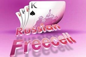 핑크색 배경 위에 카드 이미지와 Russian Freecell이라는 텍스트가 있는 그림
