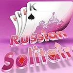 카드 세 장이 겹쳐져 있으며, 카드 위에는 러시아 건축물 실루엣이 있고, 아래에는 Russian Solitaire라는 글자가 있는 핑크색 배경 화면