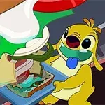 노란색 캐릭터가 큰 샌드위치를 쌓아올리고 있는 모습