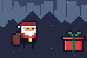 픽셀 아트 스타일의 산타클로스가 선물 상자 옆에 서 있는 장면입니다