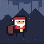 픽셀 아트 스타일의 산타클로스가 선물 상자 옆에 서 있는 장면입니다
