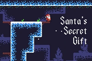 산타 복장을 한 캐릭터가 눈 덮인 플랫폼 위에 서 있으며, 오른쪽에는 Santas Secret Gift라는 텍스트가 적혀 있다