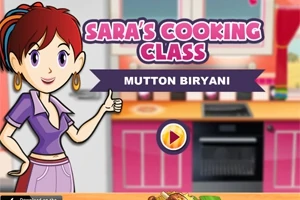 만화 스타일의 여성이 주방에서 엄지손가락을 치켜세우고 있으며, MUTTON BIRYANI라는 텍스트가 표시되어 있다