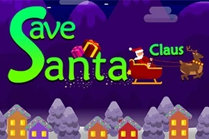 산타가 썰매를 타고 있는 모습과 함께 Save Santa Claus라는 텍스트가 있으며, 선물과 사슴이 보이는 겨울 마을 배경