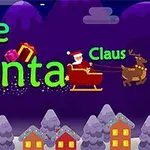 산타가 썰매를 타고 있는 모습과 함께 Save Santa Claus라는 텍스트가 있으며, 선물과 사슴이 보이는 겨울 마을 배경