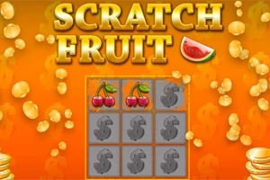 주황색 배경에 SCRATCH FRUIT라는 문구와 두 개의 체리가 있는 스크래치 카드 이미지