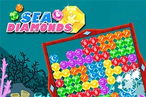 화면 상단에 다양한 색상의 보석들이 가득 차 있는 바둑판 형태와 SEA DIAMONDS라는 글자, 주변에는 산호와 동전이 있는 바다 배경