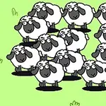 초록색 배경에 열두 마리의 만화 스타일 양들이 모여 있는 장면