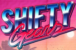 SHIFTY Gears라는 텍스트가 핑크색과 파란색 배경 위에 장식된 글꼴로 그려져 있는 이미지