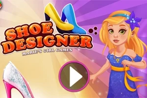 파란 드레스를 입은 금발의 소녀와 신발 및 Shoe Designer라는 문구가 있는 화면