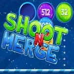 다양한 색상의 숫자 공들이 어두운 배경에 배열되어 있고, SHOOT N MERGE라는 텍스트가 중앙에 위치함