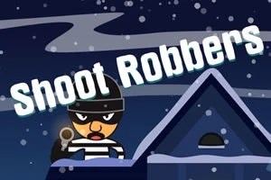 밤하늘 아래 지붕 위에서 권총을 든 검은 모자와 줄무늬 옷을 입은 인물과 커다란 Shoot Robbers 텍스트