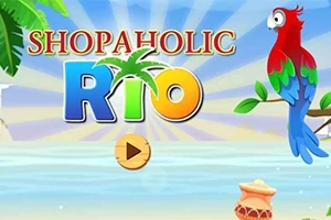 화려한 앵무새와 야자나무, 해변이 배경으로 있는 SHOPAHOLIC RIO라는 문구가 있는 이미지