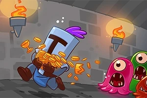 헬멧을 쓴 캐릭터가 금화를 들고 도망가며 뒤따르는 몬스터들과 함께 벽에 횃불이 있는 던전 배경