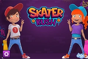 남자 아이와 여자 아이가 스케이트 보드를 들고 있는 그림으로, 가운데 SKATER RUSH라는 텍스트가 적혀 있다