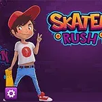 남자 아이와 여자 아이가 스케이트 보드를 들고 있는 그림으로, 가운데 SKATER RUSH라는 텍스트가 적혀 있다