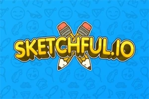 파란색 배경에 크로스된 연필 두 자루와 함께 SKETCHFUL