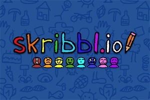 파란 배경 위에 다양한 색상의 캐릭터 얼굴 아이콘이 있으며 중간에 skribbl