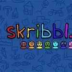 파란 배경 위에 다양한 색상의 캐릭터 얼굴 아이콘이 있으며 중간에 skribbl