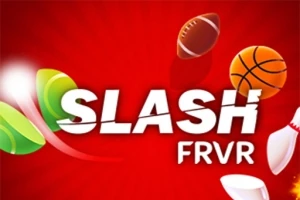 붉은 배경 위에 SLASH FRVR 텍스트와 다양한 스포츠 공과 핀이 있는 이미지