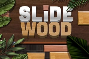 나무 블록과 열대 잎사귀 배경 위에 크게 적힌 SLIDE WOOD 글자