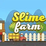 밝은 색의 만화 스타일 건물 앞에 다양한 표정의 슬라임과 트럭이 있는 장면